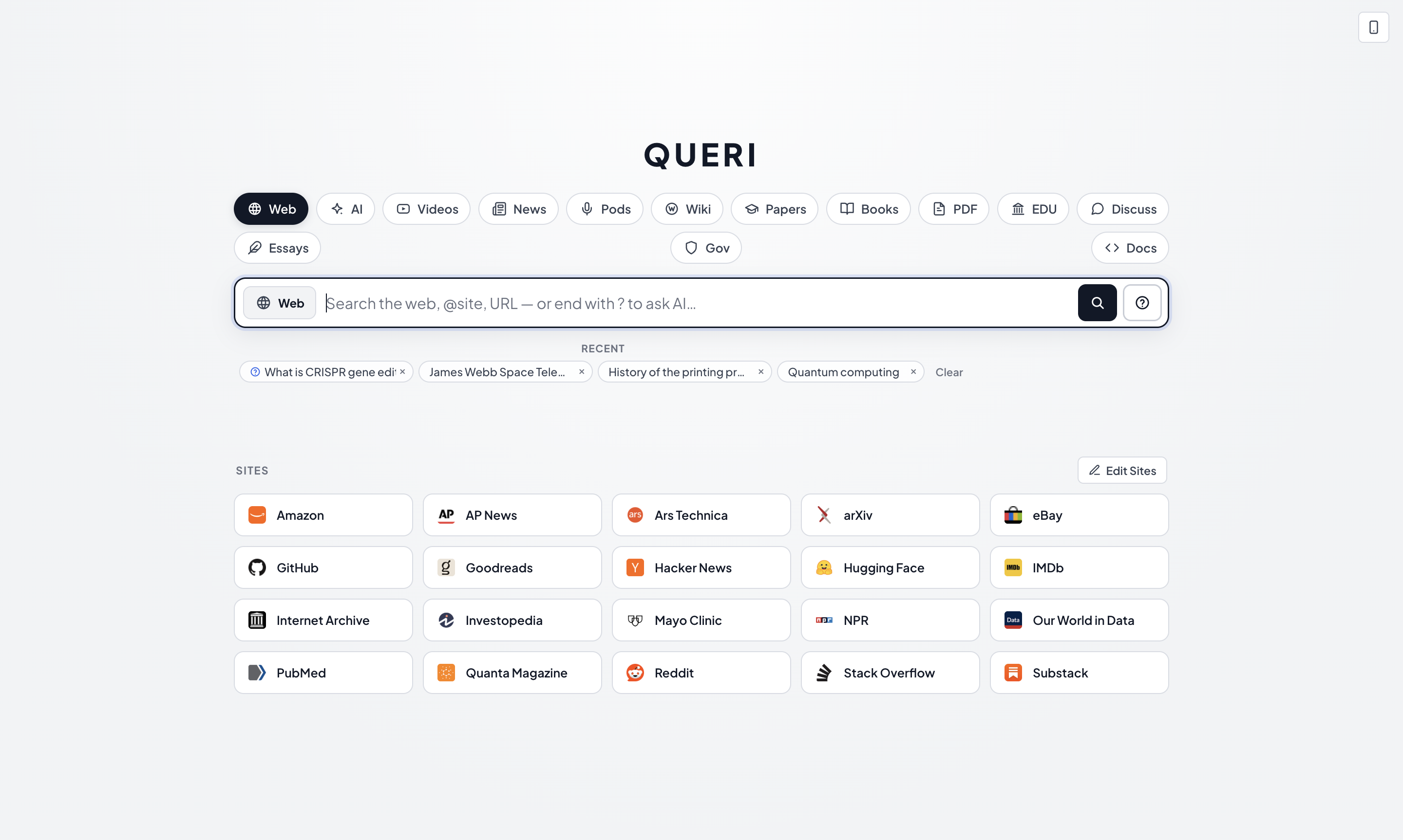 QUERI home screen showing curated Collections such as Wonders of Science and The Human Story.