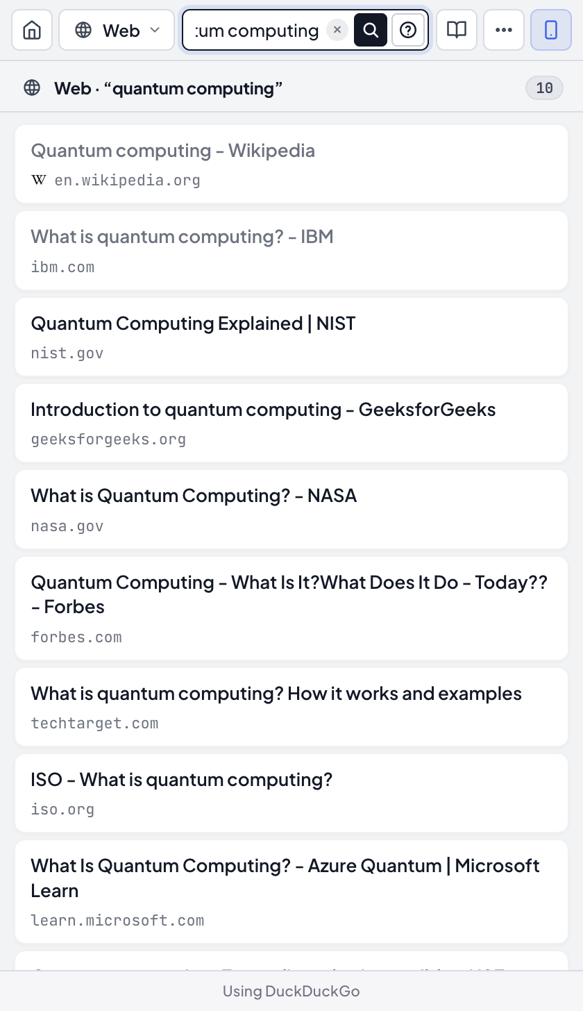 QUERI Compact Mode window showing a streamlined toolbar and results list.