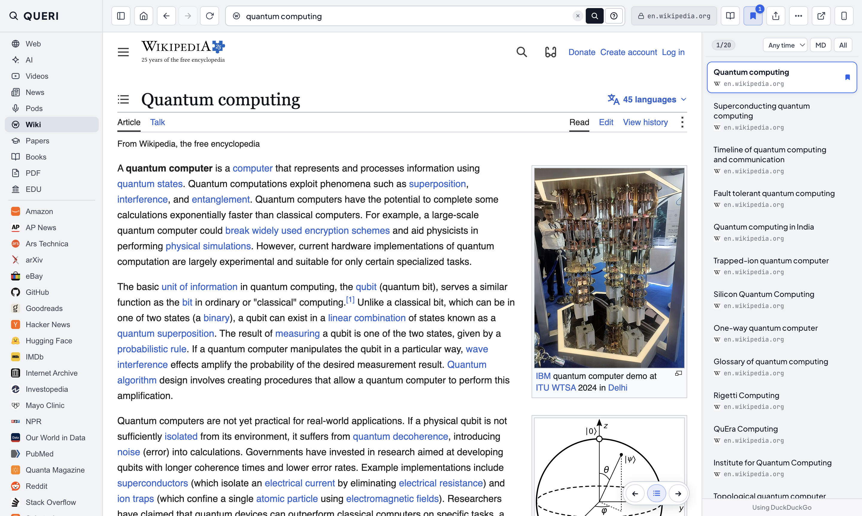 QUERI Wiki channel searching Wikipedia directly and listing 20 related Wikipedia articles in the right panel.
