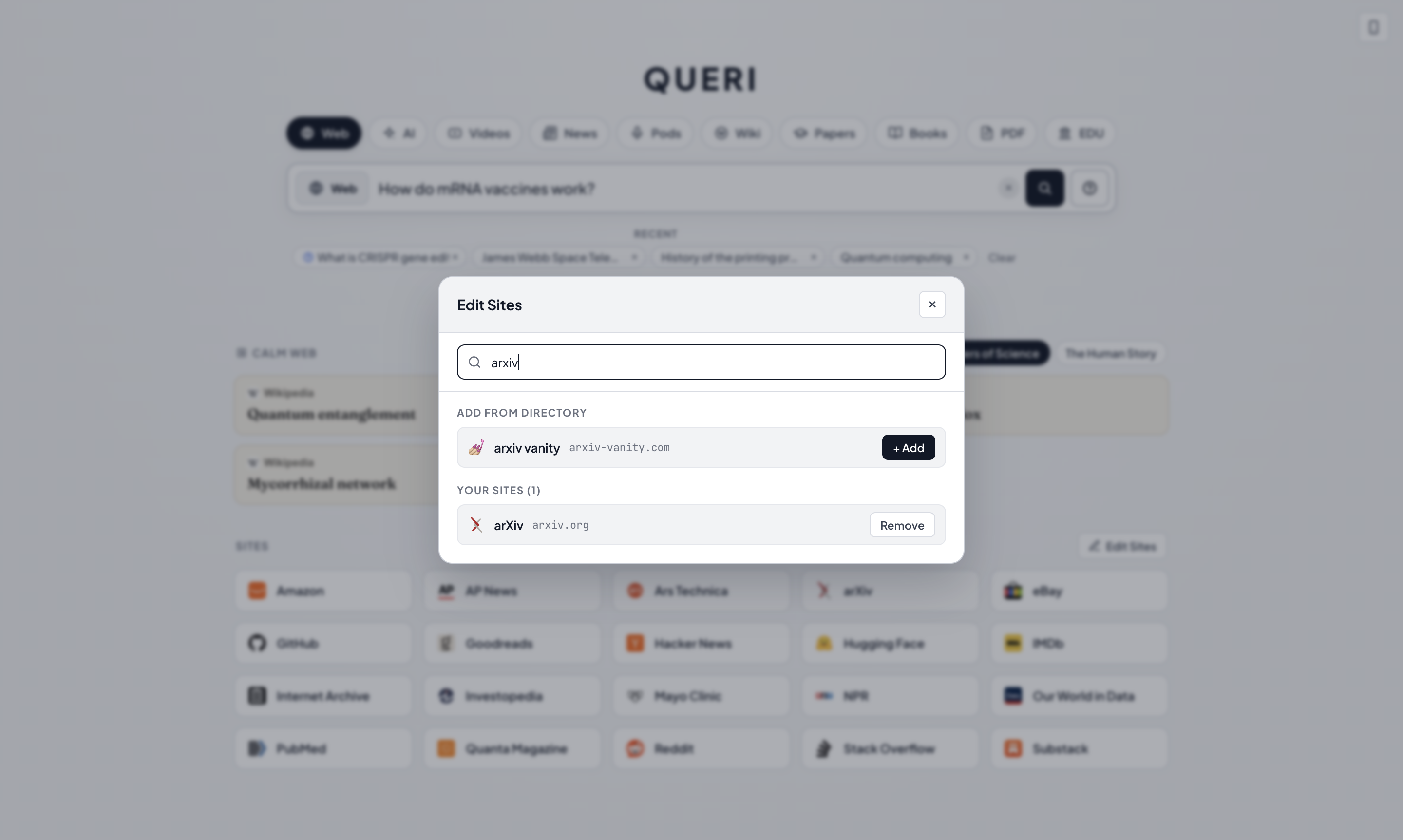 QUERI Edit Sites modal searching across 2,000+ supported site bangs including arXiv.