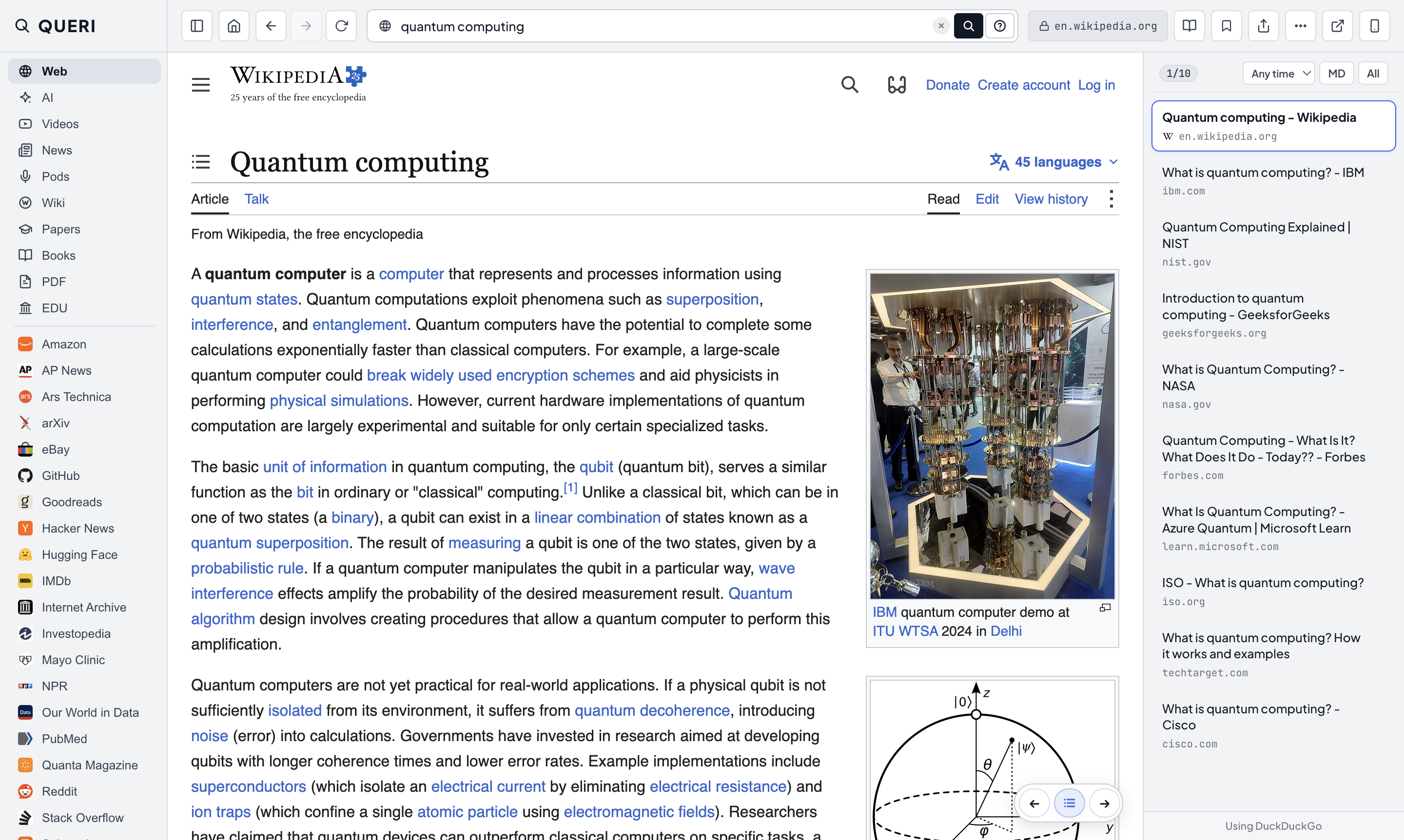 QUERI opening the first search result for quantum computing immediately while listing results 1 through 10 in the right panel.