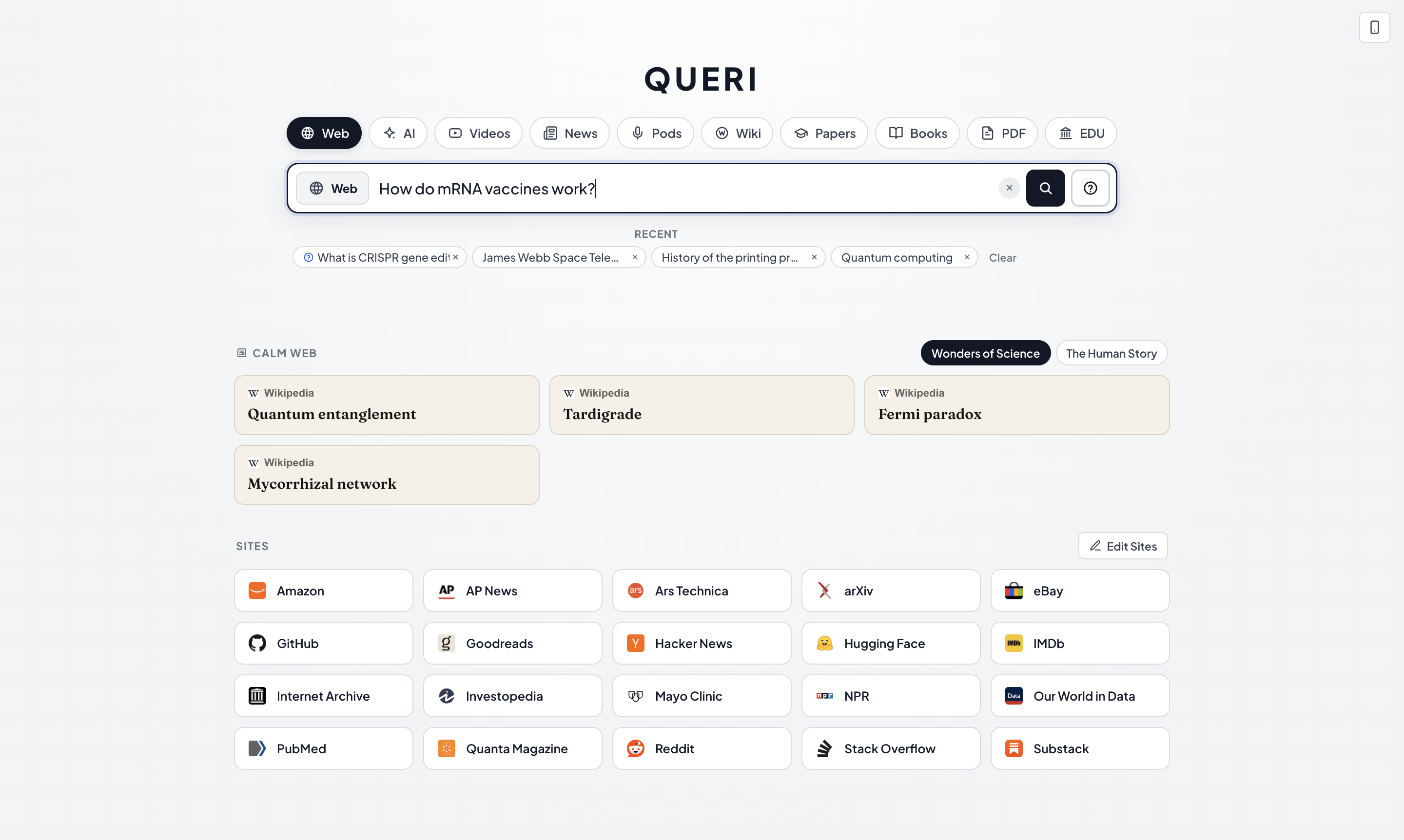 QUERI home launchpad with "How do mRNA vaccines work?" typed in the search box, search channels above, Collections below, and popular sites.