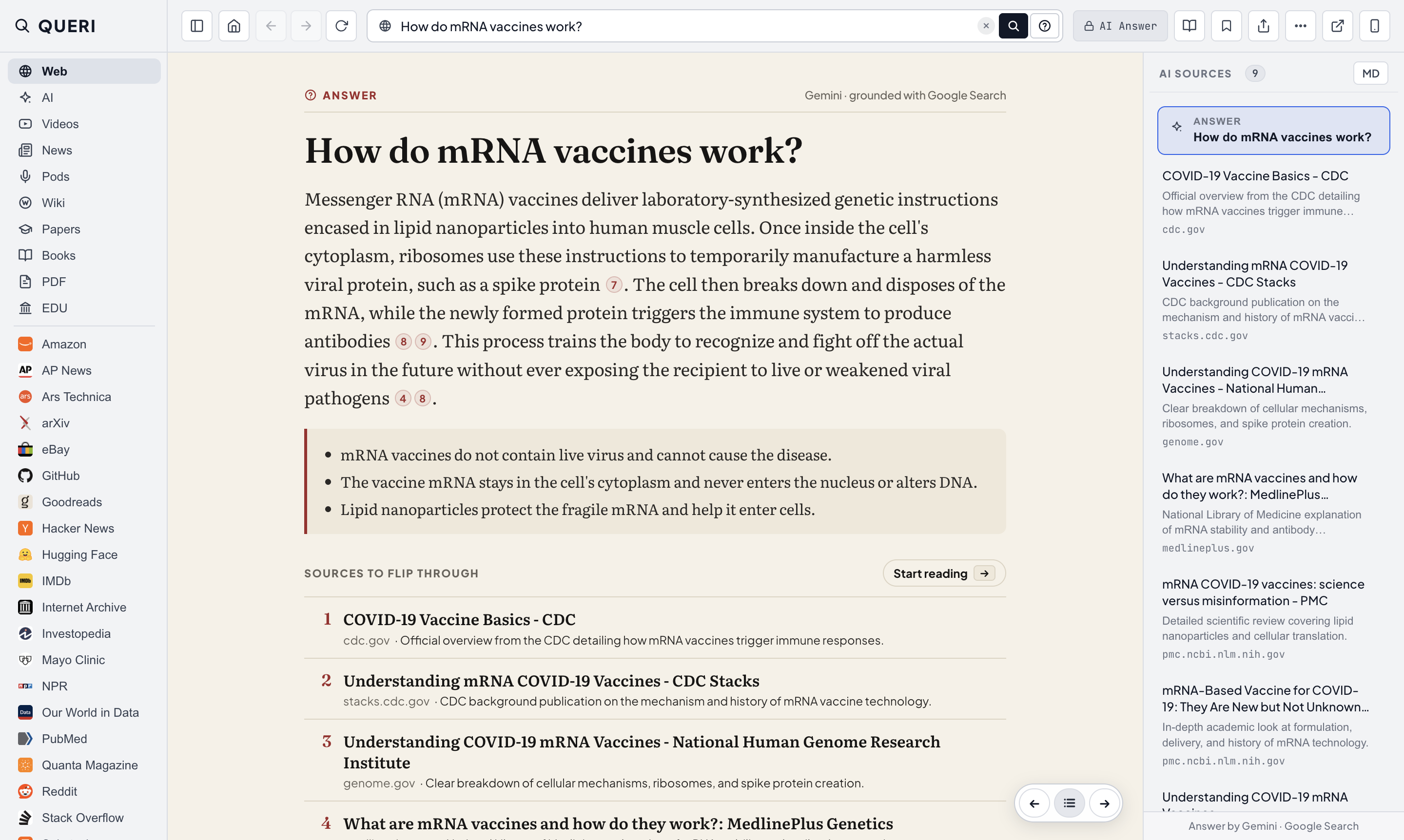 QUERI AI Answer view on warm broadsheet paper showing a concise explanation of mRNA vaccines, numbered citations, and 6 verified sources on the right.
