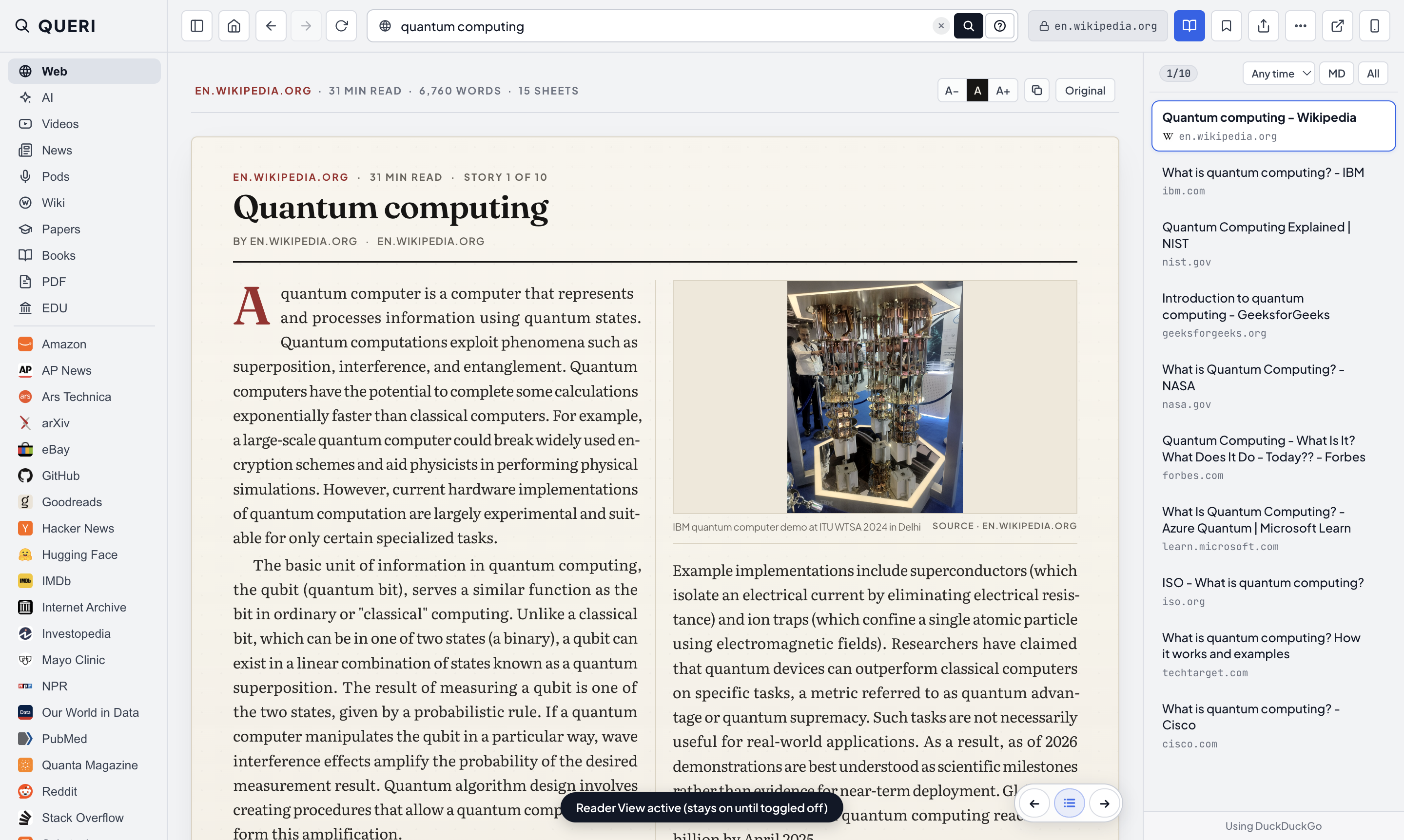 QUERI Broadsheet Reader view displaying the Wikipedia article on Quantum Computing as a two-column newspaper sheet with drop cap and justified text.