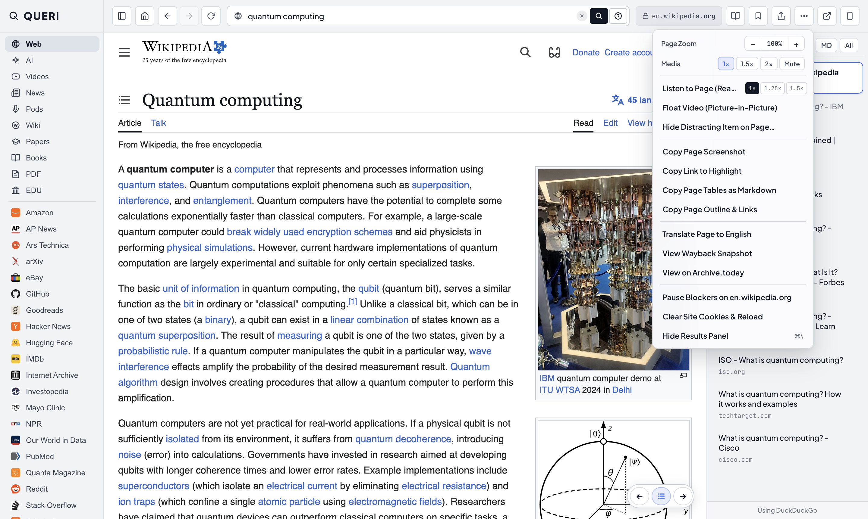QUERI Page Tools menu showing Copy Page Screenshot, Copy Link to Highlight, Copy Page Tables as Markdown, and Copy Page Outline & Links.