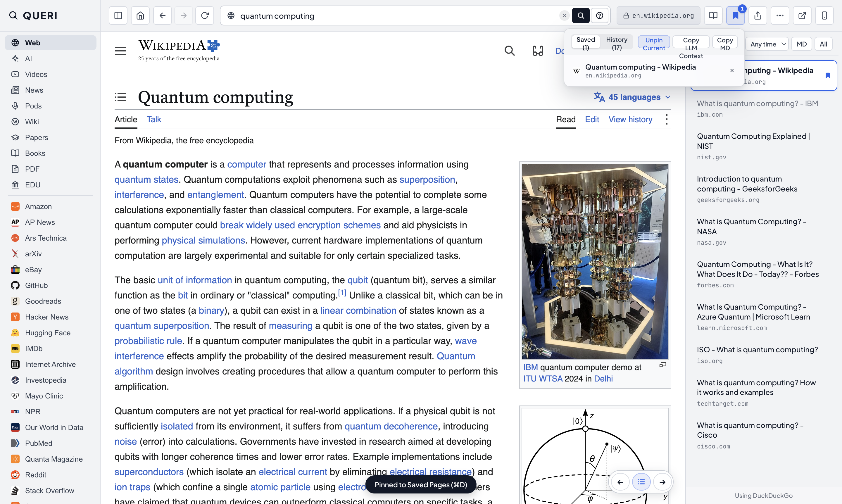 QUERI Saved Pages and History drawer open at the top right.